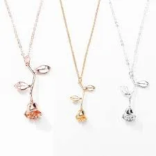 valentines day gift rose flower pendant jewelry chain necklace (gold)