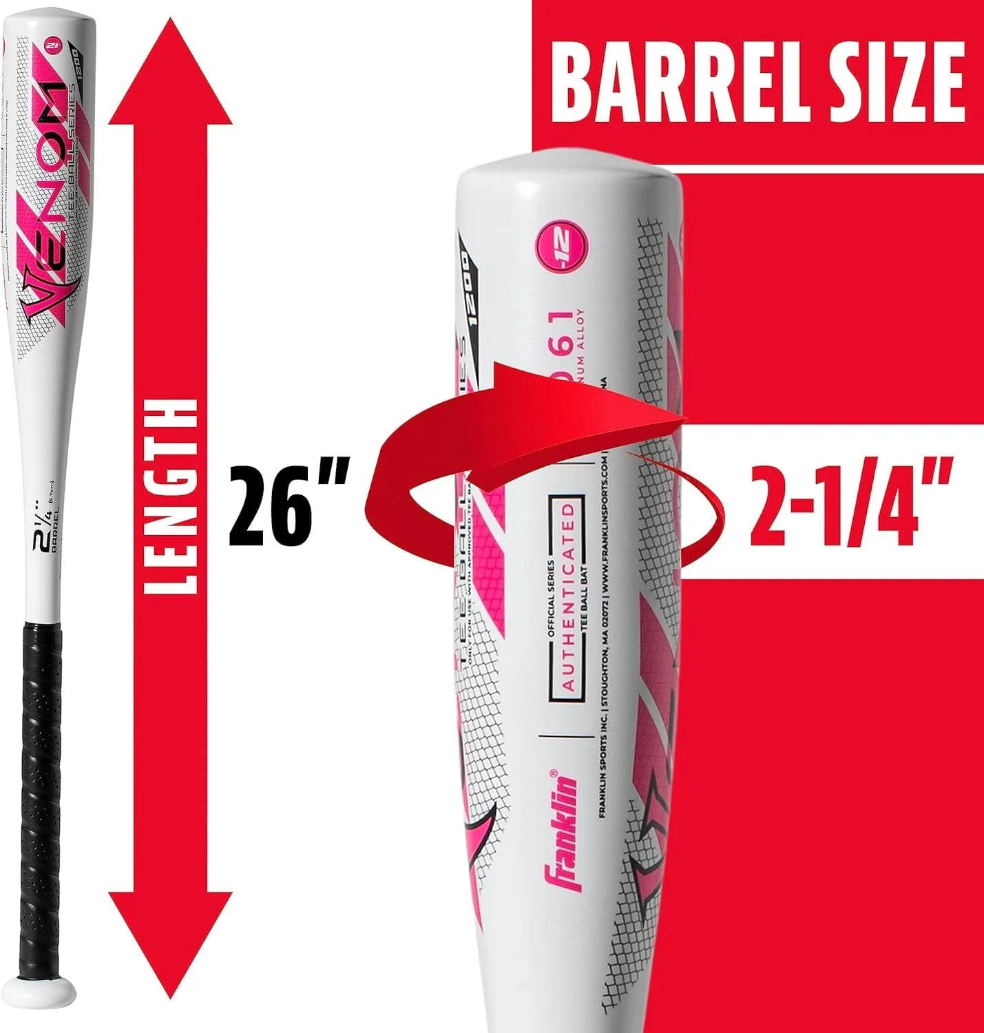 franklin sports kids baseball + tball bat venom youth aluminum bat usa certified boys + girls tee ball bat junior metal bat 26"/ 14oz white