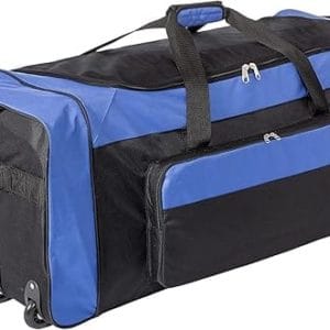 jetstream foldable 145l duffle bag with triple inline wheels, large collapsible duffel for camping & travel, black blue