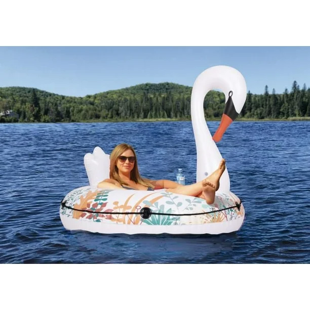 pathfinder inflatable 57" 1 person unisex swan float with elegant vine design and cupholder