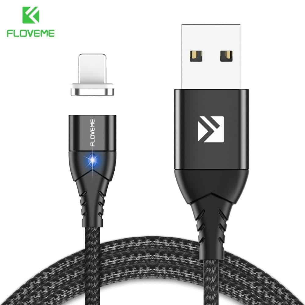 floveme 3 in 1 2.4a 1m nylon weave style 8 pin + micro usb + type c magnetic data sync charging cable (black)