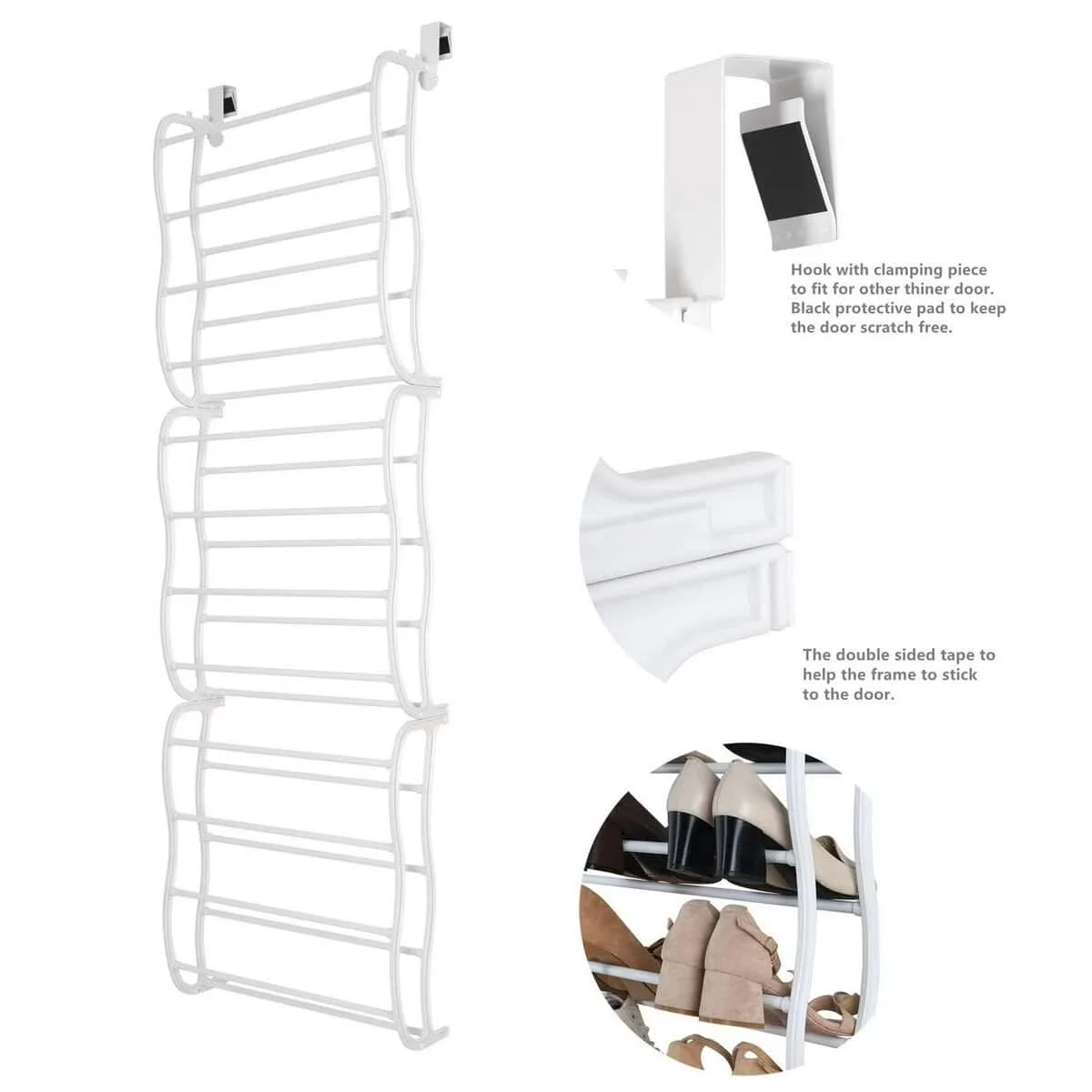 mainstays over the door shoe rack storage organizer 36 pair white, stores and organizes 36 pairs of shoes without taking up additional floor space number of compartments 12