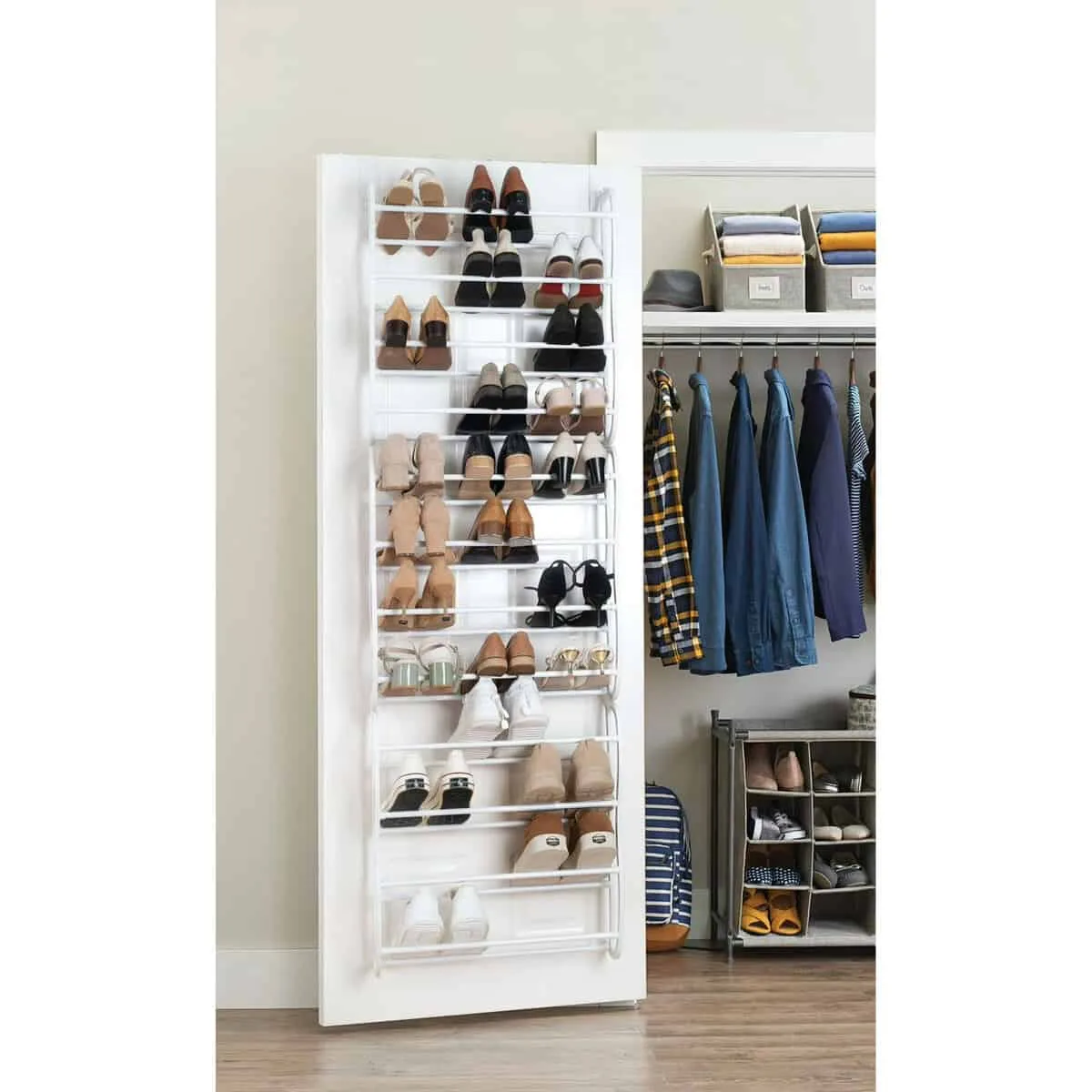 mainstays over the door shoe rack storage organizer 36 pair white, stores and organizes 36 pairs of shoes without taking up additional floor space number of compartments 12