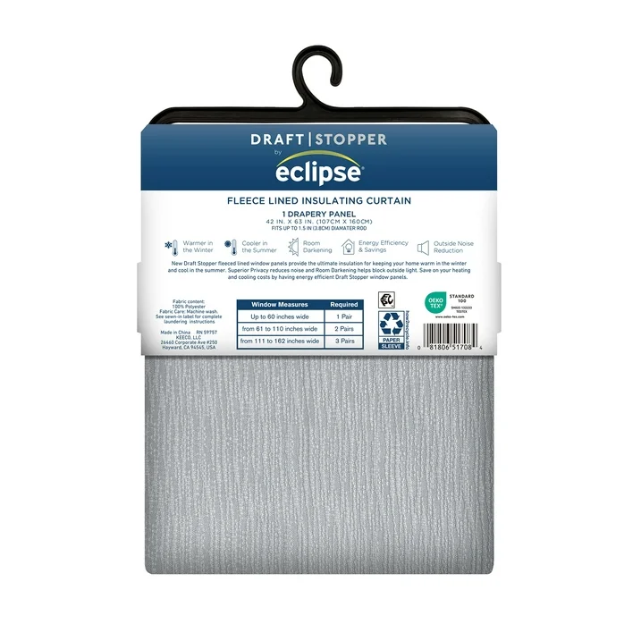 (2 pack) eclipse draft stopper room darkening fleece lined rod pocket, single curtain panel, silver, 42" w x 63" l (2 pack) eclipse draft stopper room darkening fleece lined rod pocket, single curtain panel, silver, 42" w x 63" l