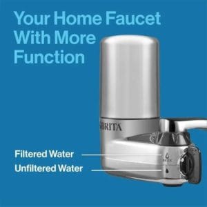 brita water filter for sink, faucet mount water filtration system for tap water, reduces 99% of lead, chrome