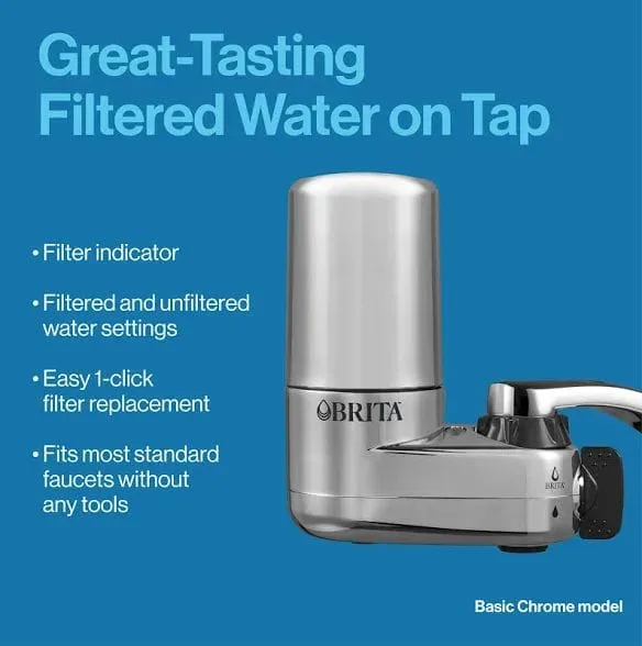brita water filter for sink, faucet mount water filtration system for tap water, reduces 99% of lead, chrome