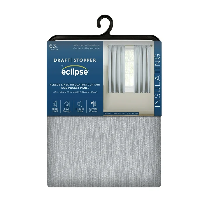 (2 pack) eclipse draft stopper room darkening fleece lined rod pocket, single curtain panel, silver, 42" w x 63" l (2 pack) eclipse draft stopper room darkening fleece lined rod pocket, single curtain panel, silver, 42" w x 63" l