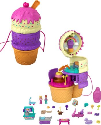 ​Polly Pocket Spin ‘n Surprise Compact Playset, Ice Cream Cone Shape, Playground Theme, 3 Floors, 25 Surprise Accessories Including Micro Polly & Lila Dolls