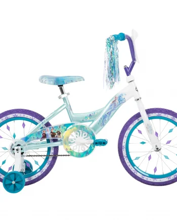 huffy disney frozen bike for girls with training wheels, sparkly white/crystal blue