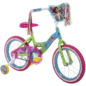 huffy disney encanto 16 inch bike for girls with training wheels, blue/pink/green