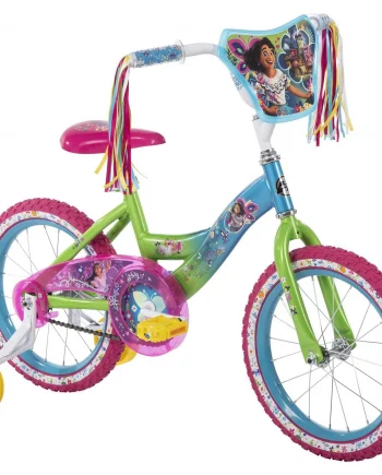 huffy disney encanto 16 inch bike for girls with training wheels, blue/pink/green