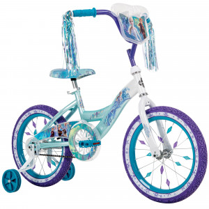 huffy disney frozen bike for girls with training wheels, sparkly white/crystal blue