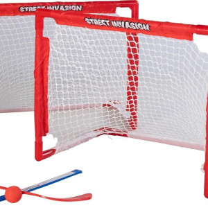deluxe mini hockey set, 2 deluxe mini nets, 2 pro style curved mini sticks, foam ball, carrying bag