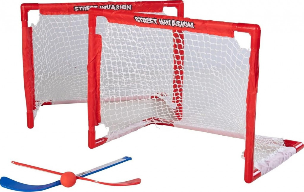 deluxe mini hockey set, 2 deluxe mini nets, 2 pro style curved mini sticks, foam ball, carrying bag