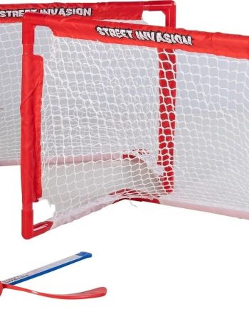 deluxe mini hockey set, 2 deluxe mini nets, 2 pro style curved mini sticks, foam ball, carrying bag
