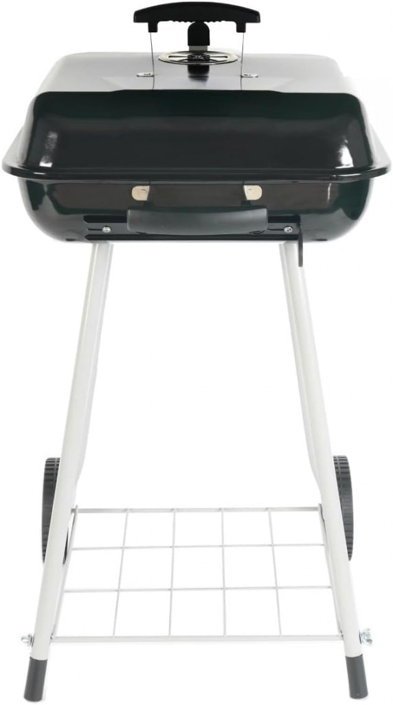 square steel charcoal grill with wheels, black