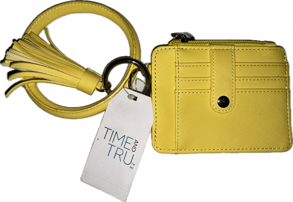 time and tru leather bracelet keychain with a credit card holder yellow